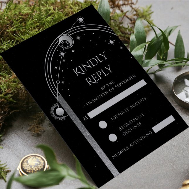 Cartons Réponse Mariage Soleil Lune Étoiles Noir Argent Céleste (Créateur téléchargé)