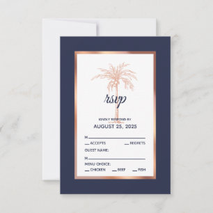Cartons Réponse Mariage sur la plage avec un arbre à palmes, bleu