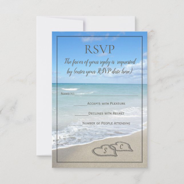 Cartons Réponse Mariage sur la Plage Hearts in the Sand Monogram R (Devant)