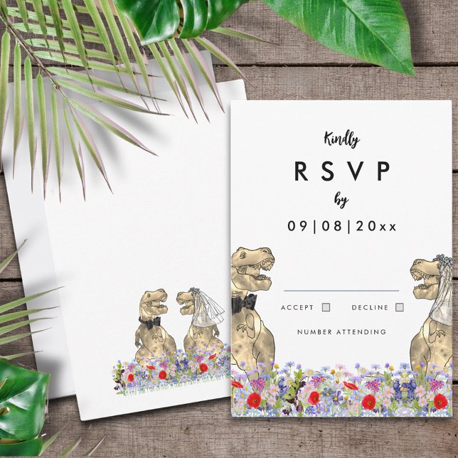 Cartons Réponse Mariage sur le thème des dinosaures (Dinosaur themed wedding RSVP enclosure card with T-Rex bride and groom & colorful wildflower meadow)