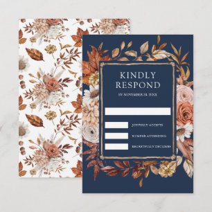 Cartons Réponse Mariage Terracotta Fleurs Bleu Nuit