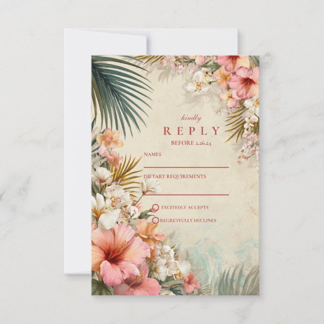 Cartons Réponse Mariage Tropical Floral de Destination (Devant)
