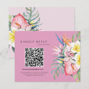 Cartons Réponse Mariage tropical floral rose vif code QR Hawaii