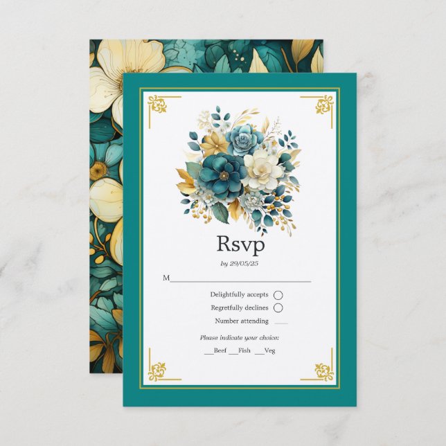 Cartons Réponse Mariage turquoise et or Floral (Devant / Derrière)
