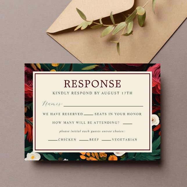 Cartons Réponse Mariage Turquoise floral peint bleu foncé bordeaux (Créateur téléchargé)