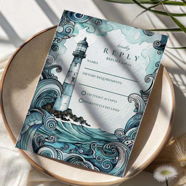 Cartons Réponse Mariage Vague de Phare Côtiers (Créateur téléchargé)