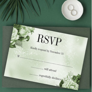 Cartons Réponse Mariage vert classique Damask et Rose Bouquet