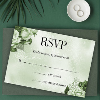 Cartons Réponse Mariage vert classique Damask et Rose Bouquet