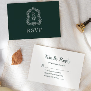 Cartons Réponse Mariage vert de la forêt de crête de Monogramme