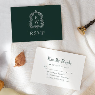 Cartons Réponse Mariage vert de la forêt de crête de Monogramme