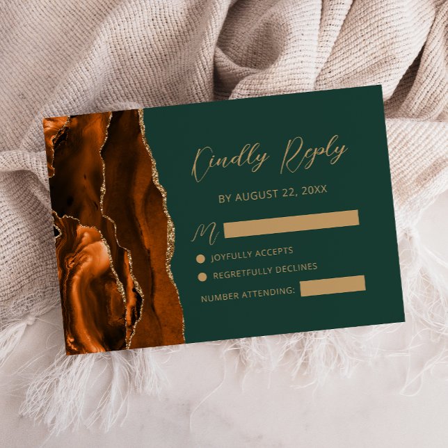 Cartons Réponse Mariage Vert Foncé Écriture Dorée Agate Orange Brû (Créateur téléchargé)
