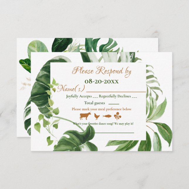 Cartons Réponse Mariage Vert Monstera Feuilles Cadre Aquarelle (Devant / Derrière)