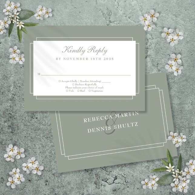 Cartons Réponse Mariage Vert Sauge Art Déco Classique (Classic Art Deco Sage Green Wedding RSVP Card)