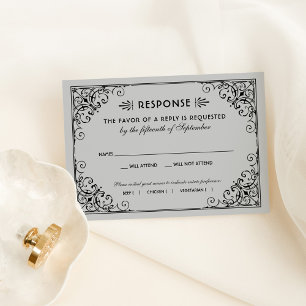 Cartons Réponse Mariage vintage Argent et Art déco Noir
