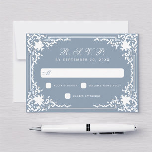 Cartons Réponse Mariage vintage poussiéreux bleu élégant écriture