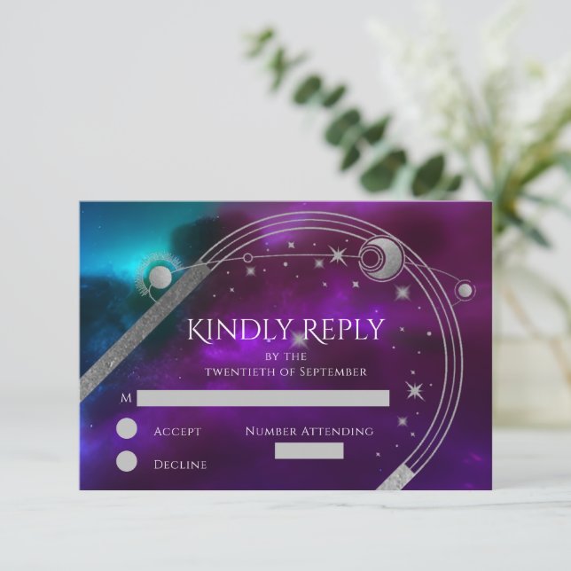 Cartons Réponse Mariage Violet Turquoise Argent Soleil Lune Étoile (Debout devant)