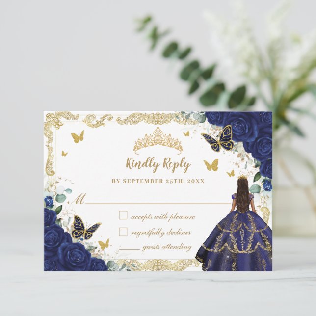 Cartons Réponse Marine Blue Floral Quinceañera Princess Crown Gold (Debout devant)
