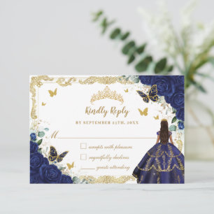 Cartons Réponse Marine Blue Floral Quinceañera Princess Crown Gold