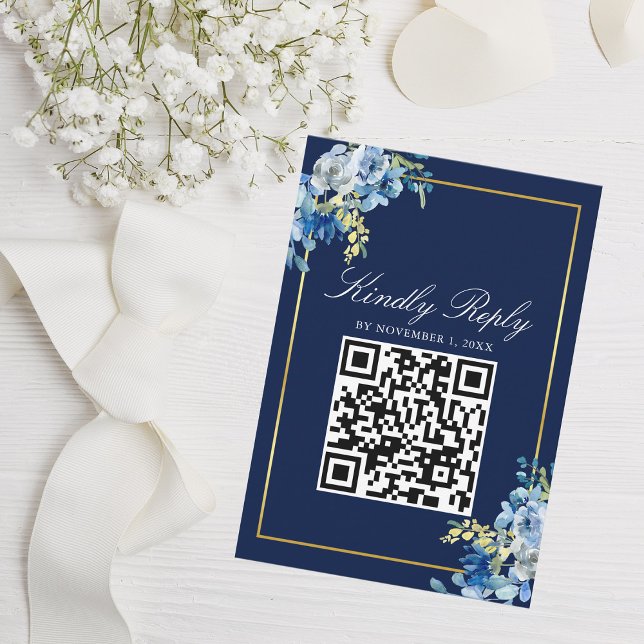 Cartons Réponse Marine Blue Gold Floral Elegant Qr Code Mariage (Créateur téléchargé)