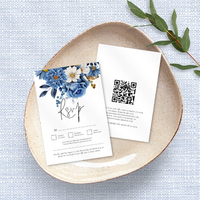 Cartons Réponse Marine Blue Gold Florals QR Code Mariage (Créateur téléchargé)