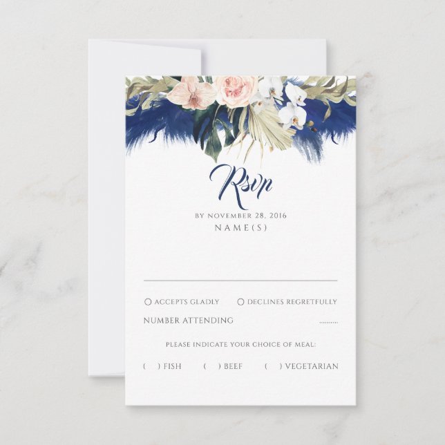 Cartons Réponse Marine Blue Pampas Grass Floral Tropics Mariage RS (Devant)
