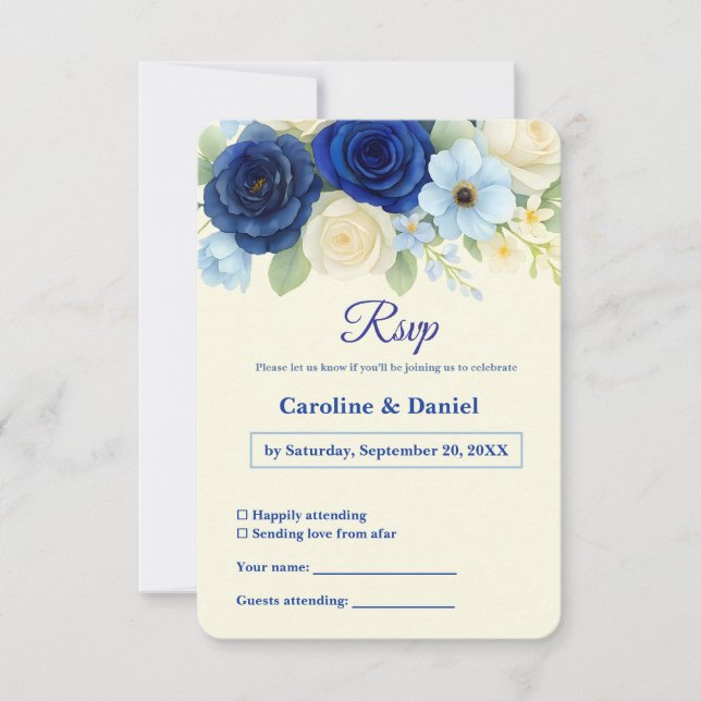 Cartons Réponse Marine Royal Bue Mariage Aquarelle couleur ivoire  (Devant)