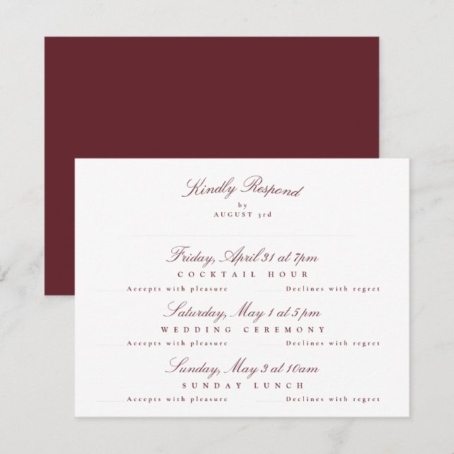 Cartons Réponse Maroon Burgundy Elegant Calligraphy multi-événemen (Devant / Derrière)