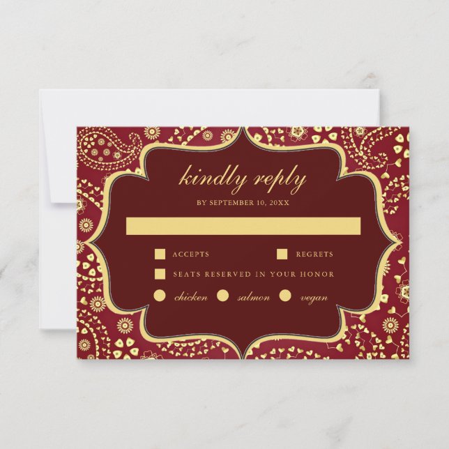 Cartons Réponse Maroon Gold Paisley Bollywood Style Mariage indien (Devant)