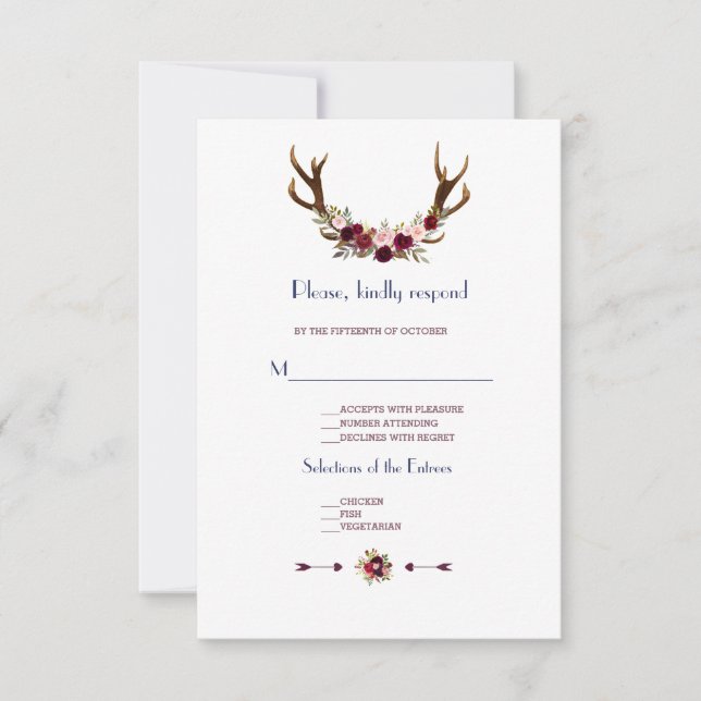 Cartons Réponse Marsala Floral Antlers Marine Blue Mariage de auto (Devant)