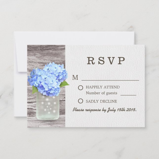 Cartons Réponse Mason Jar Blue Hydrangea Grange mariage en bois RS (Devant)