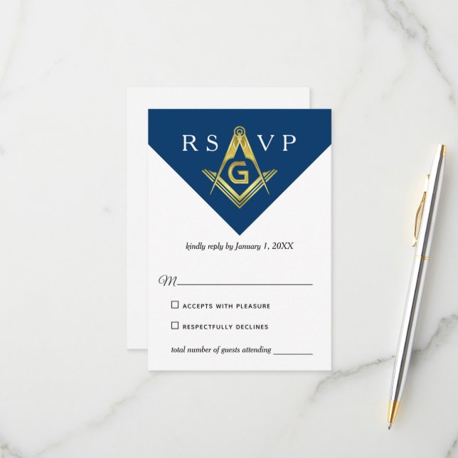 Cartons Réponse Masonic Navy Blue et Gold Elegant Freemason (Devant/Arrière en situation)