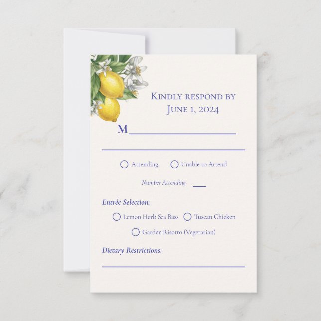 Cartons Réponse Mediterranean Blue Tile & Lemon Branch Wedding (Devant)