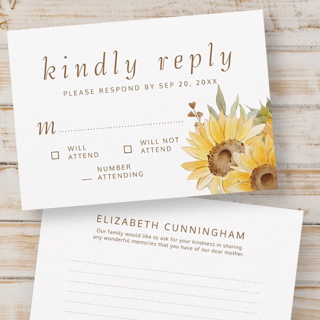 Cartons Réponse Mémorial aquarelle tournesol Répondre avec plaisir (Créateur téléchargé)