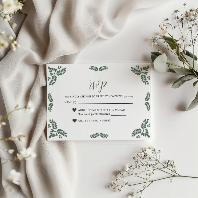 Cartons Réponse Mexican Talavera Green Floral Minimalist Wedding (Mexican Talavera Green Floral Minimalist Wedding RSVP Card)