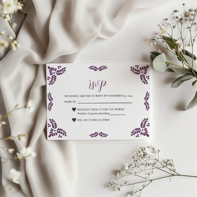 Cartons Réponse Mexican Talavera Purple Floral Minimalist Wedding (Mexican Talavera Purple Floral Minimalist Wedding RSVP Card)