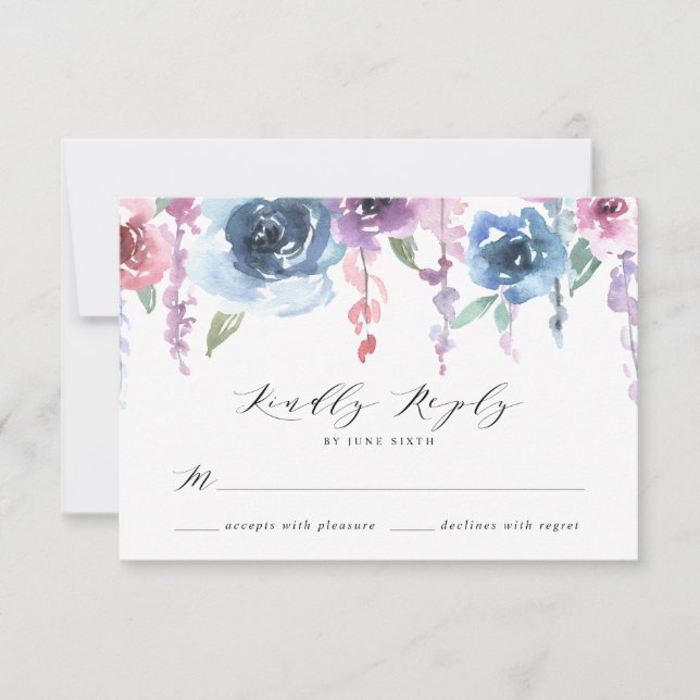 Cartons Réponse Midnight Blooms | Fleurs de mariage violettes et b (Devant)