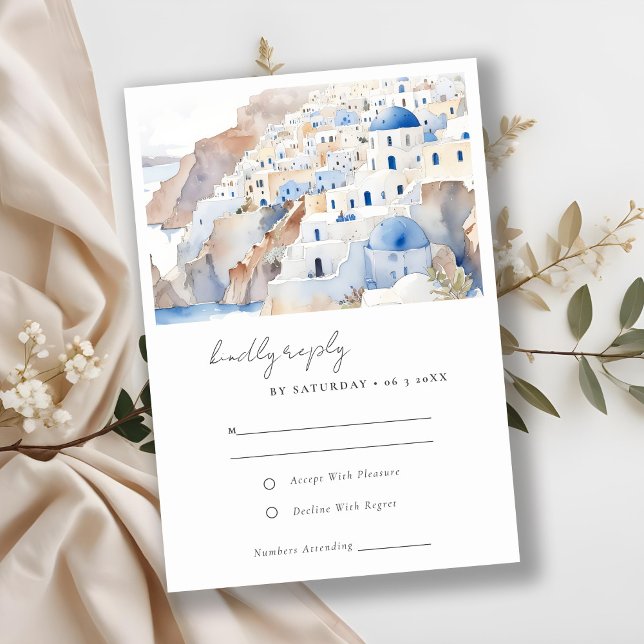 Cartons Réponse Minimal chic Santorini Grèce Mariage aquarelle (Créateur téléchargé)