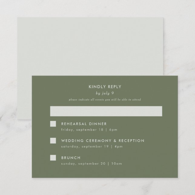 Cartons Réponse Minimal moderne Sage Green Mariage multi-événement (Devant / Derrière)