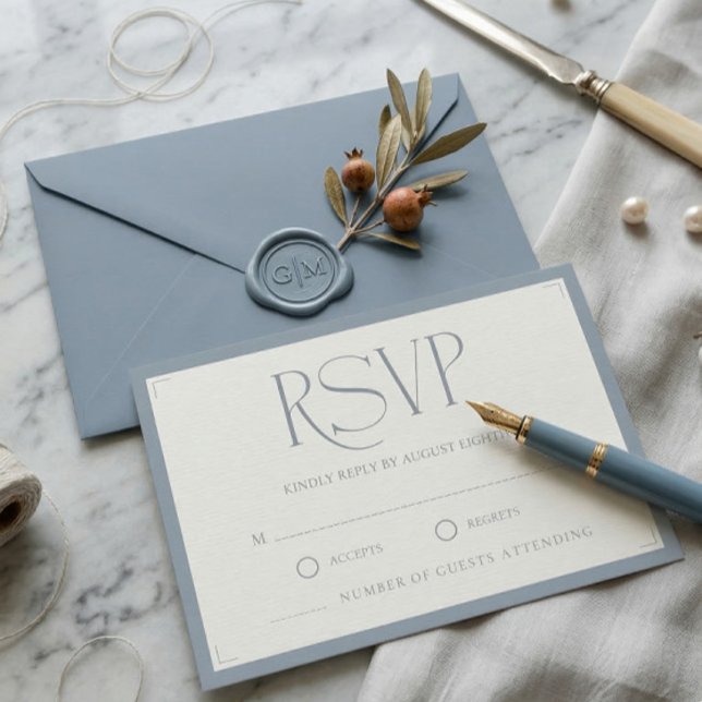 Cartons Réponse Minimalist Dusty Blue Elegant Monogram Wedding  (Créateur téléchargé)
