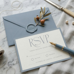 Cartons Réponse Minimaliste Bleu Poussiéreux Élégant Mariage Monog