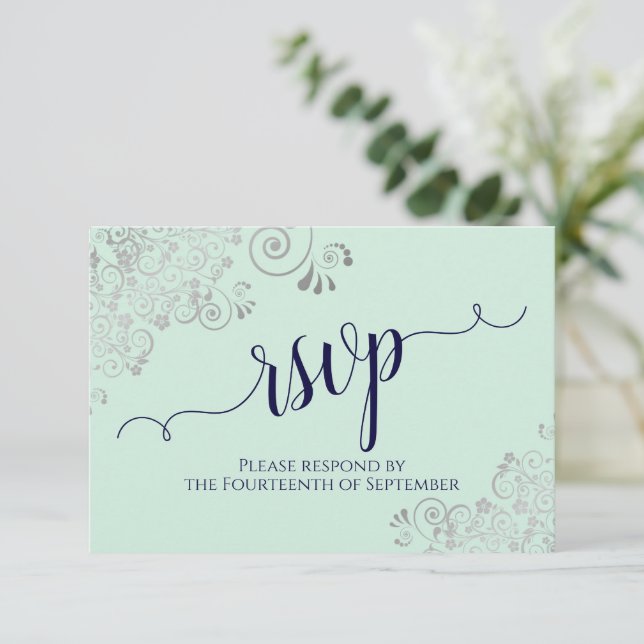 Cartons Réponse Mint Green & Navy Blue Elegant Mariage de calligra (Debout devant)