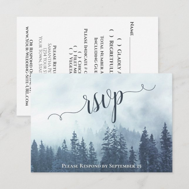Cartons Réponse Misty Pines Rustic Blue Forest Mariage extérieur (Devant / Derrière)