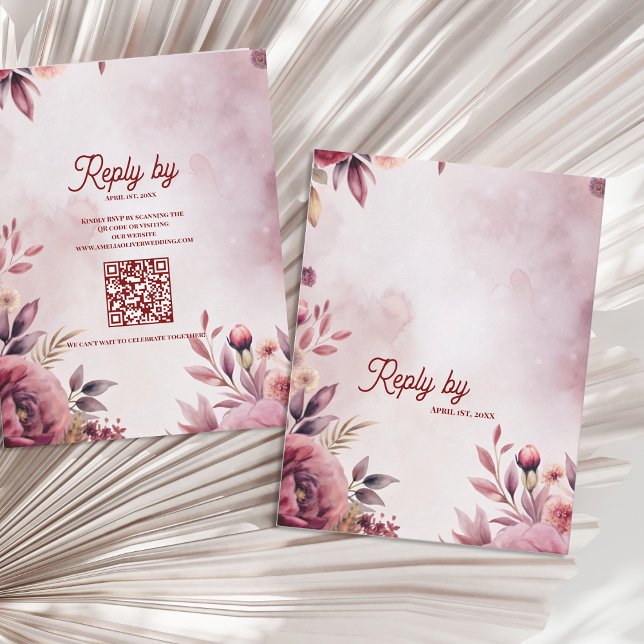 Cartons Réponse Modern Blush Pink Floral QR Code Romantic Wedding (Blush Pink Floral Wedding RSVP Card with QR Code | Modern Floral Reply Card)