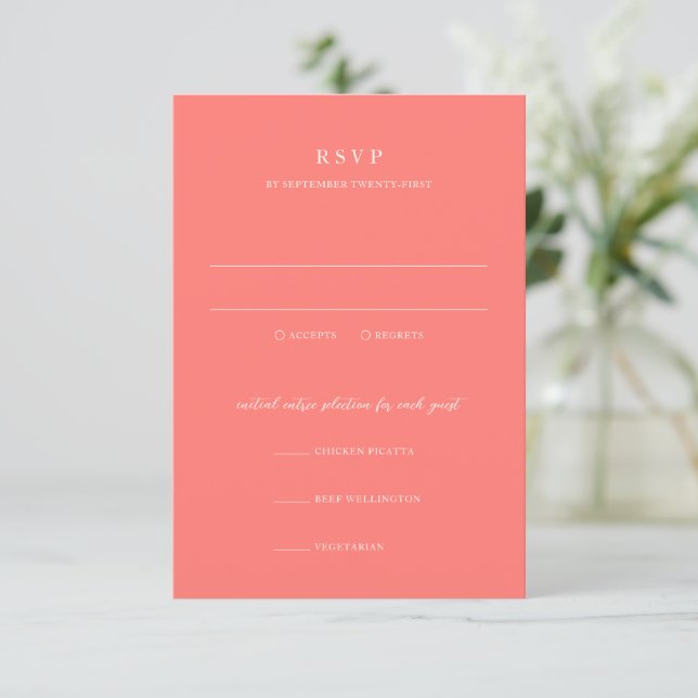 Cartons Réponse Modern Bold Vibrant Coral Simple Wedding (Debout devant)