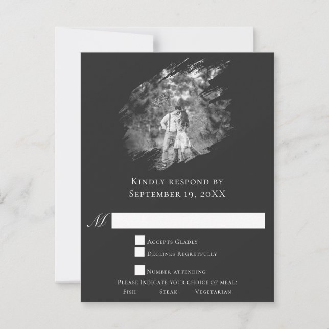 Cartons Réponse Modern Brushstroke Photo Wedding | Soft Black (Devant)