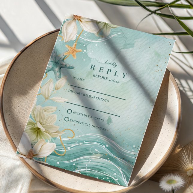 Cartons Réponse Modern Coastal Wave Floral Wedding (Créateur téléchargé)