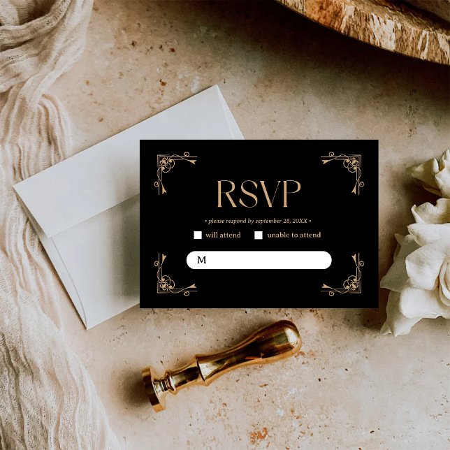 Cartons Réponse Modern Deco | Elegant Black and Gold Wedding (Modern deco black and gold RSVP card captures guest responses with a refined, personal touch.)