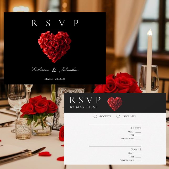 Cartons Réponse Modern Heart Shaped Red Roses-RSVP-Wedding- (Red Roses in the Shape of a Heart Wedding Collection- Black and White)