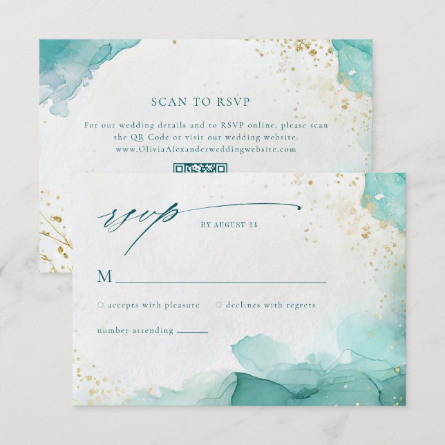 Cartons Réponse Modern Teal Gold Abstract Beach Wedding QR Code (Devant / Derrière)