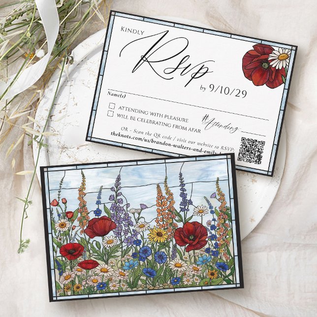 Cartons Réponse Modern Wildflower Stained Glass Floral Wedding (Modern wildflower daisy sunflower red poppy stained glass QR code wedding invitation Rsvp Card)